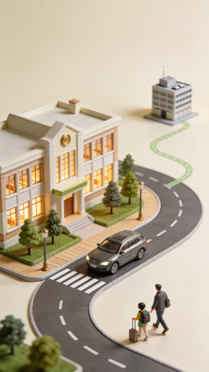 Miniature school, road and car at pickup time