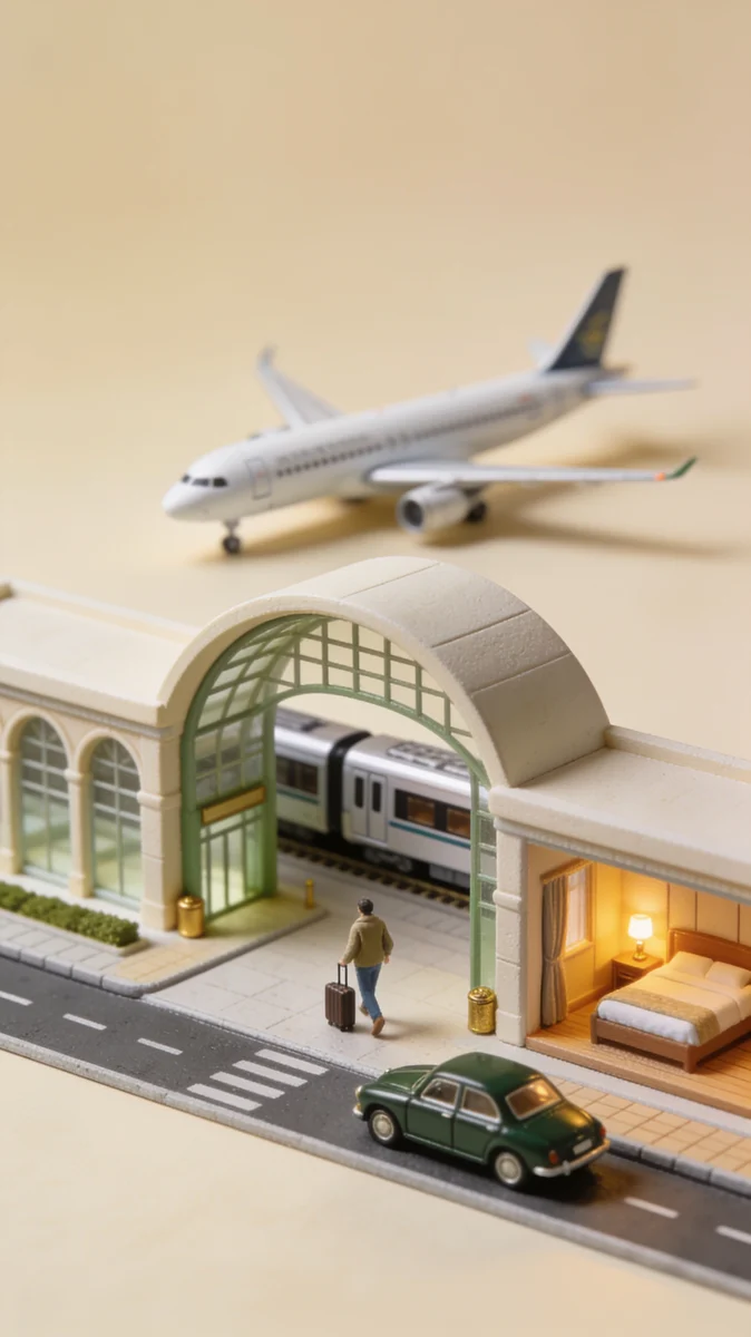 Miniature station, hotel room and car